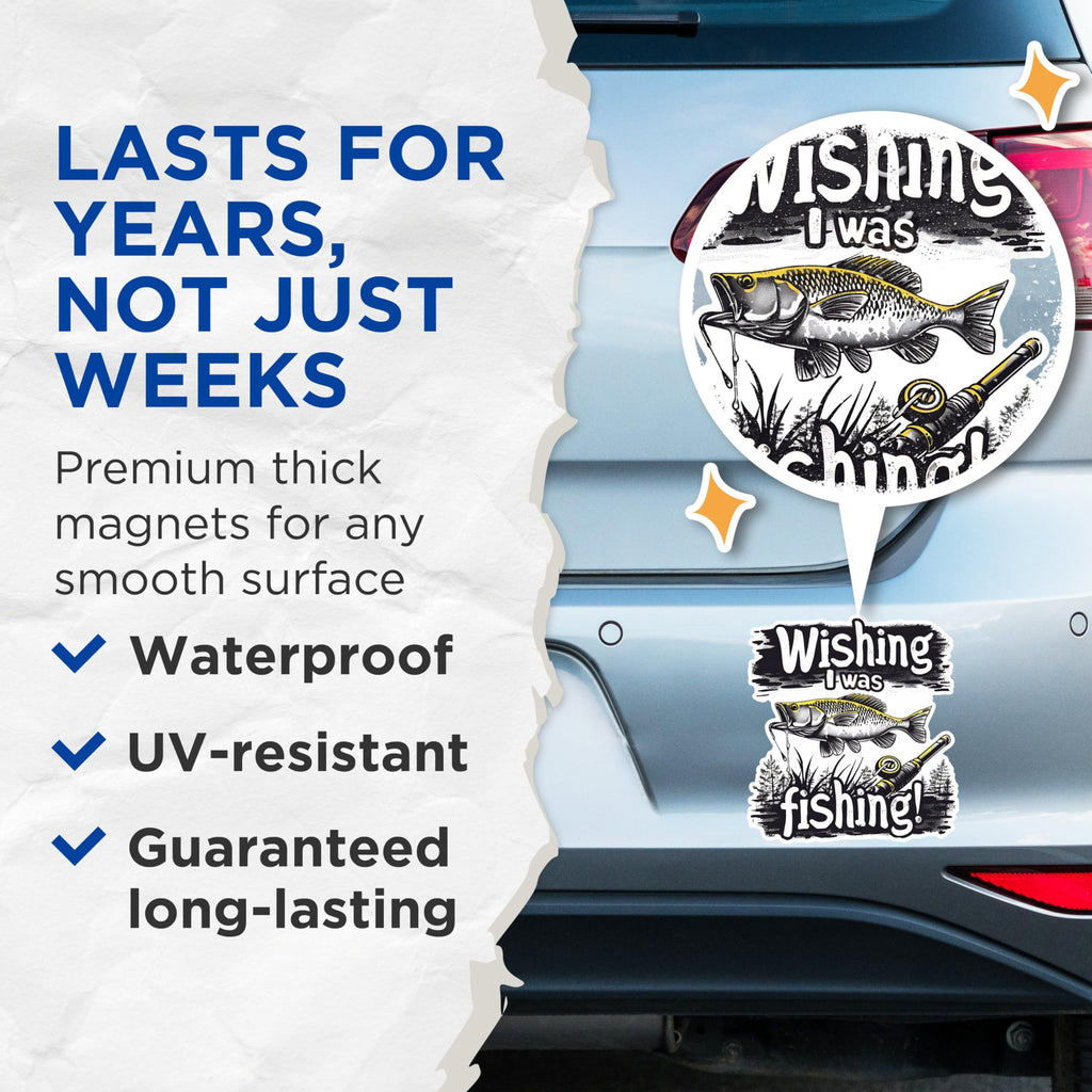 (2 Pack) Wishing I was Fishing Magnets - Angler's Dream Magnets - Fishing Enthusiast Magnets- 5" On Longest Side - for Fridges, Toolboxes, Cars - Made in USA - MAG2629