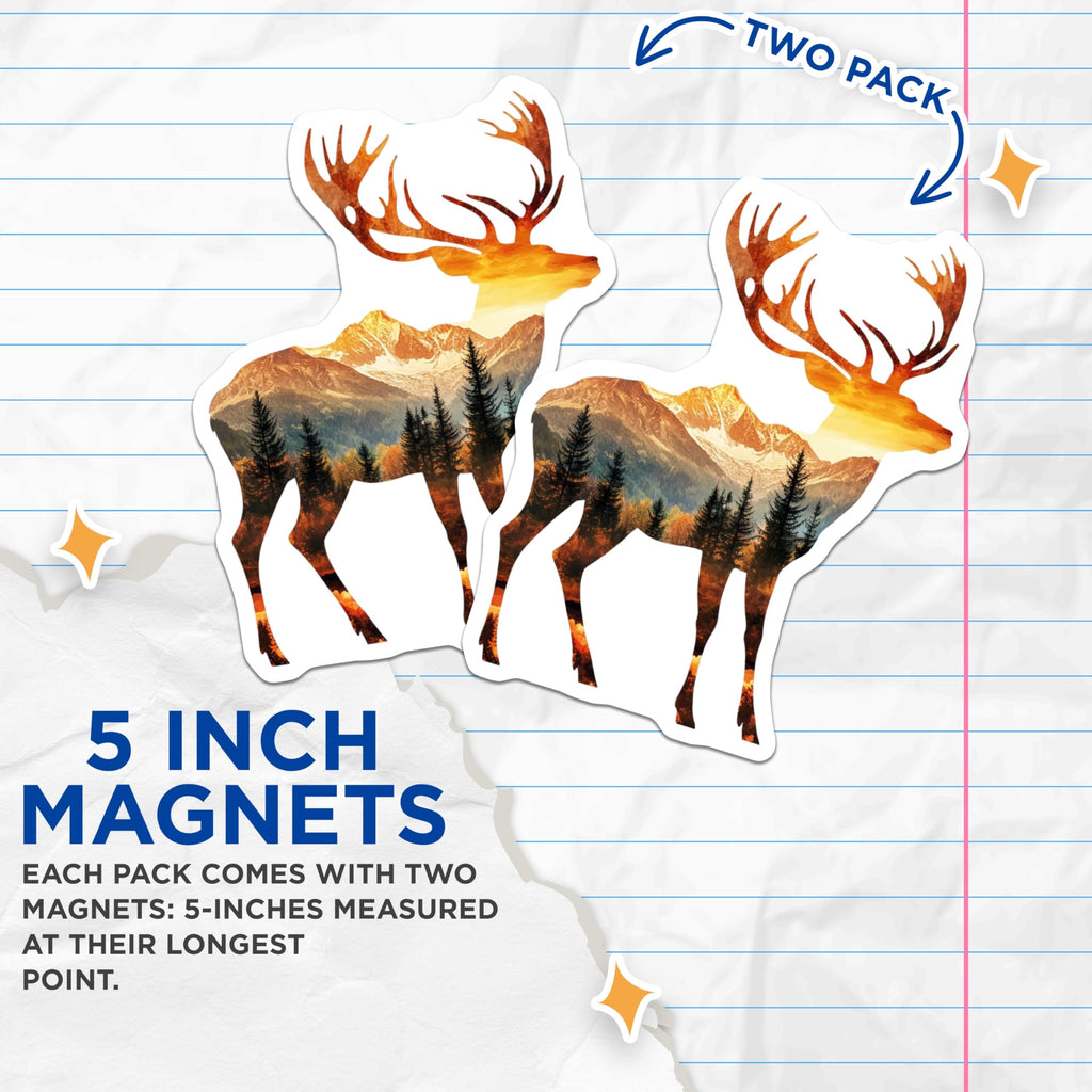 (2 Pack) Deer Scene Magnets - Mountain Forest Art - Rustic Home Decor Fridge Magnets - 5" On Longest Side - Premium Magnet - for Cars, Refrigerators, Toolboxes, Lockers - Made in USA - MAG15189