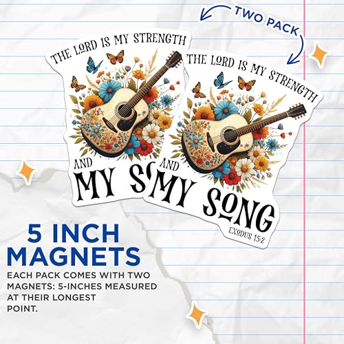 (2 Pack) The Lord is My Strength Magnets - Floral Guitar Magnets - Inspirational Quote Magnets - Bible Verse Magnets - 5" On Longest Side - for Cars, Fridges, Toolboxes - Made in USA - MAG3746