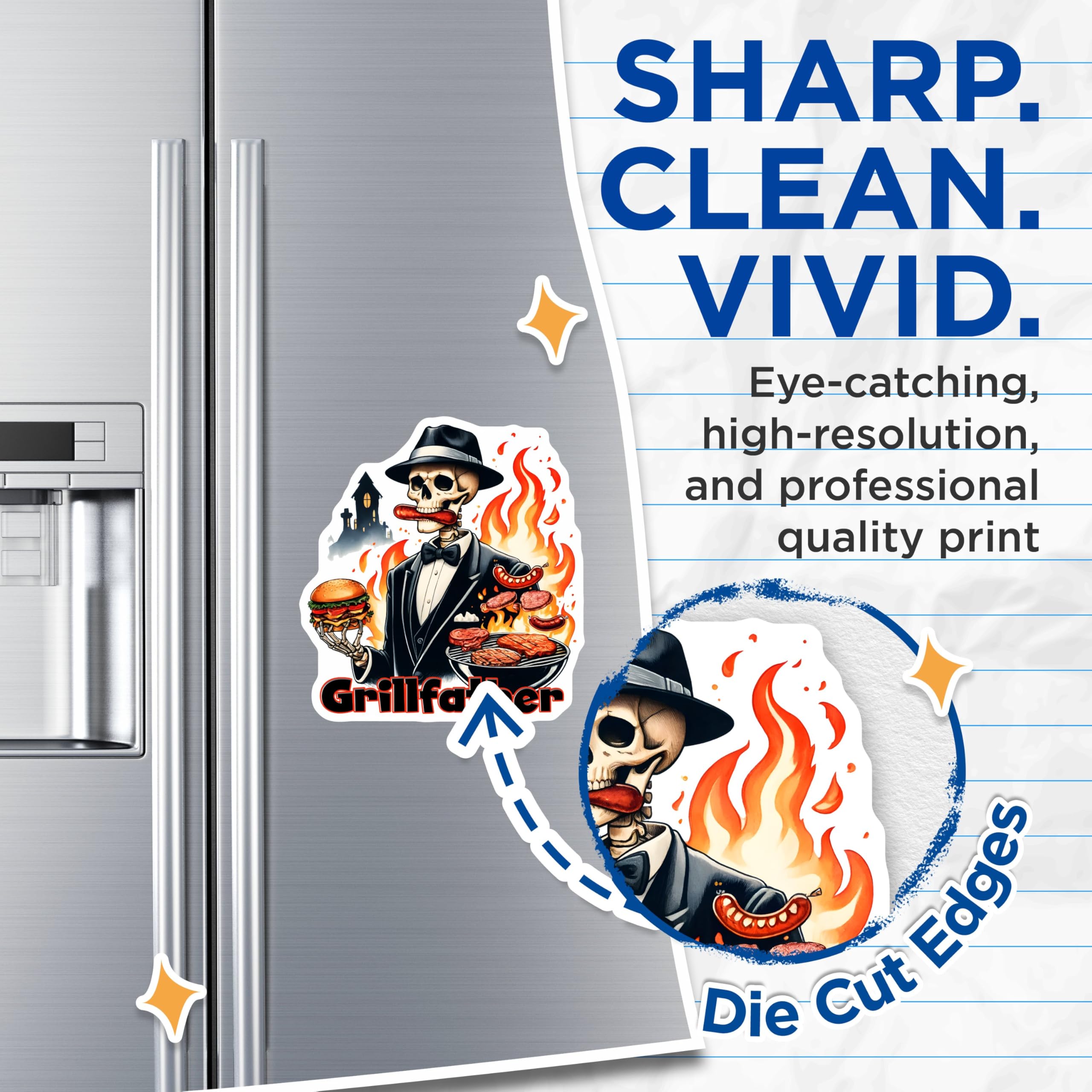 (2 Pack) Grillfather Magnets - Skeleton with Grill Art - Funny BBQ Decor - Spooky Cookout - Halloween Party Ideas - 5" On Longest Side - for Cars, Fridges, Toolboxes - Made in USA - MAG7456