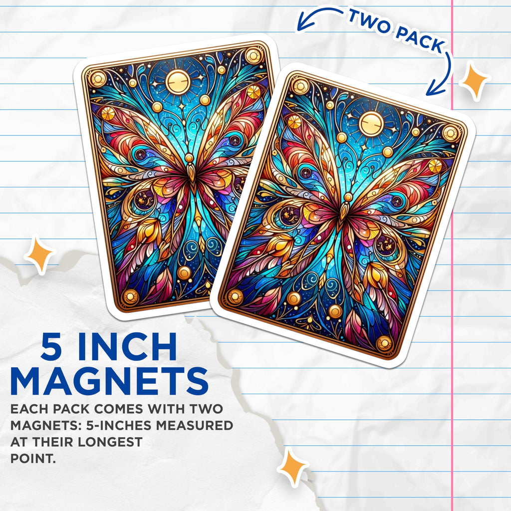 (2 Pack) Stained Glass Butterfly Magnets - Vibrant Mosaic Insect Art - Celestial Winged Creature - 5 Inches On Longest Side - Thick Durable Magnet - Made in USA - MAG23002