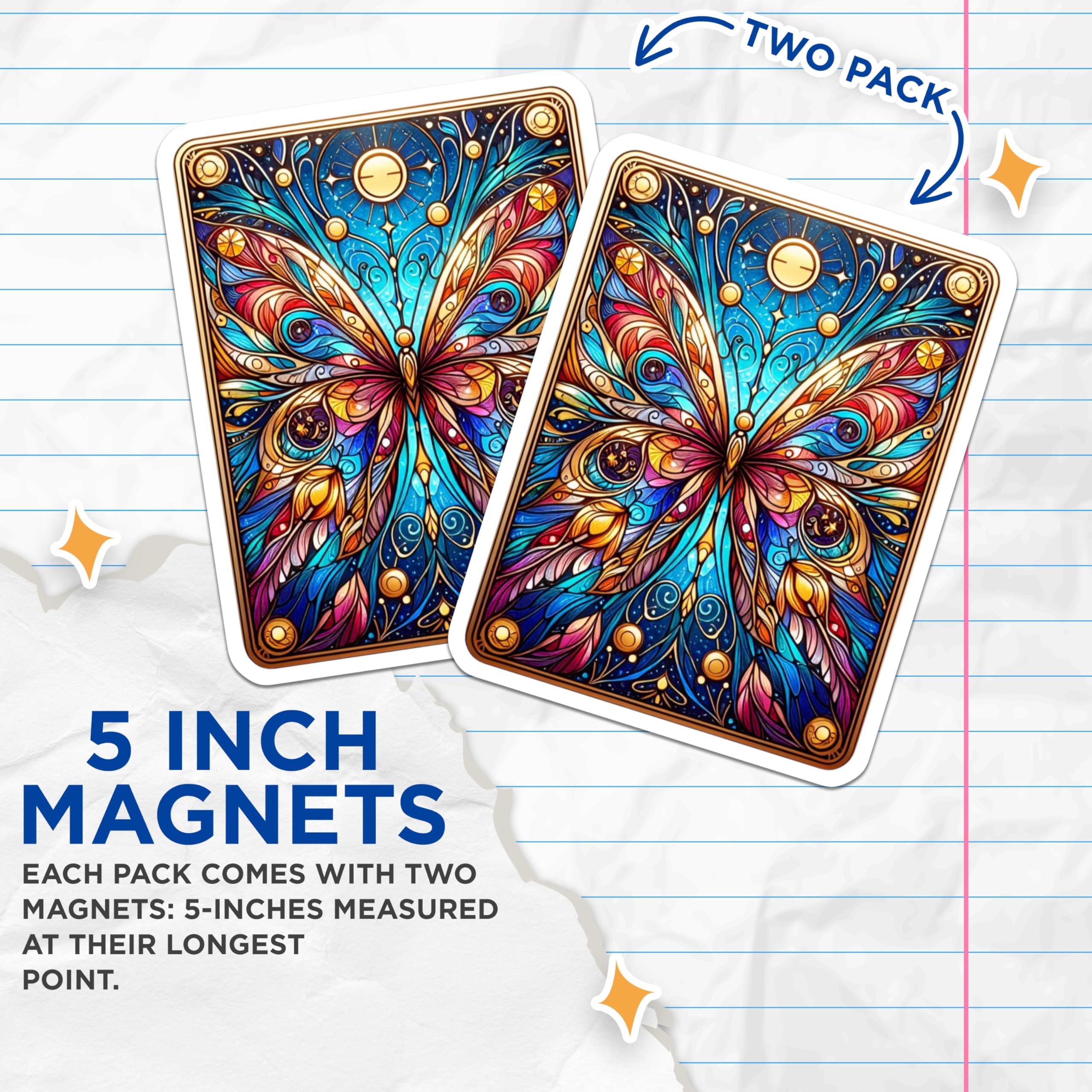 (2 Pack) Stained Glass Butterfly Magnets - Vibrant Mosaic Insect Art - Celestial Winged Creature - 5 Inches On Longest Side - Thick Durable Magnet - Made in USA - MAG23002