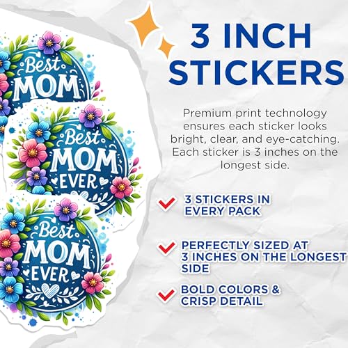 (3 Pack) Best Mom Ever Decals - Floral Mom Decal - Mother's Day Laptop Decals - 3 Inches On Longest Side - Easy Peel & Apply - Made in USA - 3MCS7377
