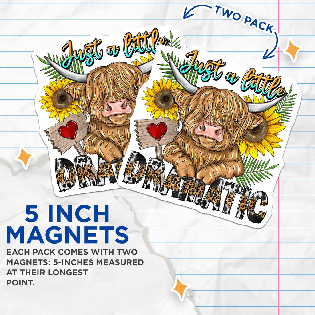 (2 Pack) Dramatic Highland Cow Magnets - Funny Farmhouse Kitchen Decor - Sunflowers Animal Print Accent - 5 Inches On Longest Side - Thick Durable Magnet - Made in USA - MAG24174