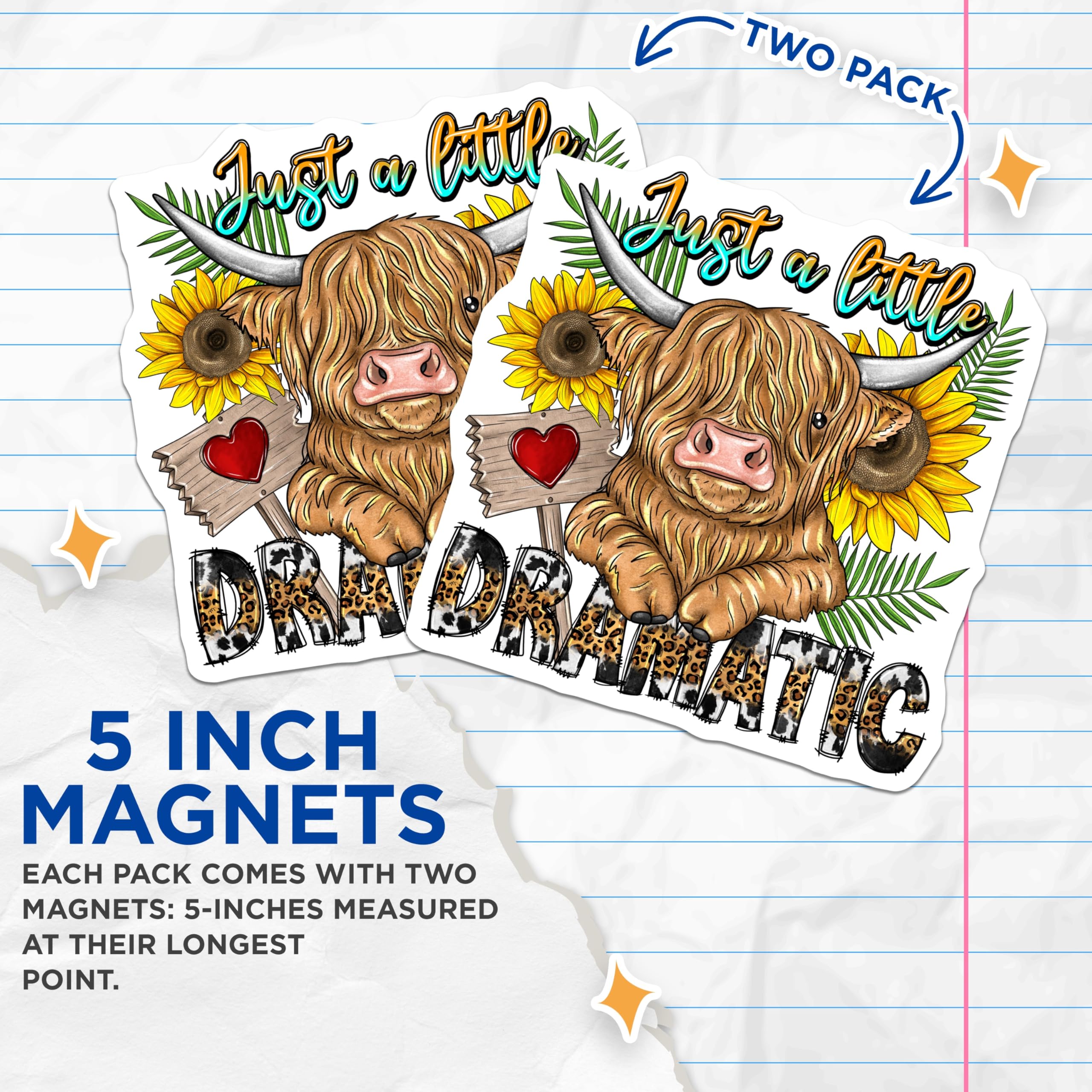 (2 Pack) Dramatic Highland Cow Magnets - Funny Farmhouse Kitchen Decor - Sunflowers Animal Print Accent - 5 Inches On Longest Side - Thick Durable Magnet - Made in USA - MAG24174