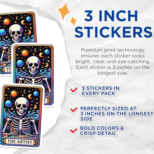 (3 Pack) Artist Skeleton Decals - The Artist Tarot - Laptop Decals - 3 Inches On Longest Side - Easy Peel & Apply - Made in USA - 3MCS4115