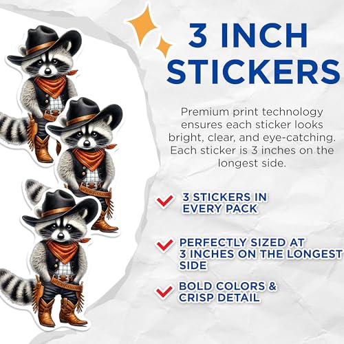 (3 Pack) Raccoon Cowboy Decals - Western Animal Stickers - Funny Laptop Decal - 3 Inches On Longest Side - Easy Peel & Apply - Made in USA - 3MCS0955