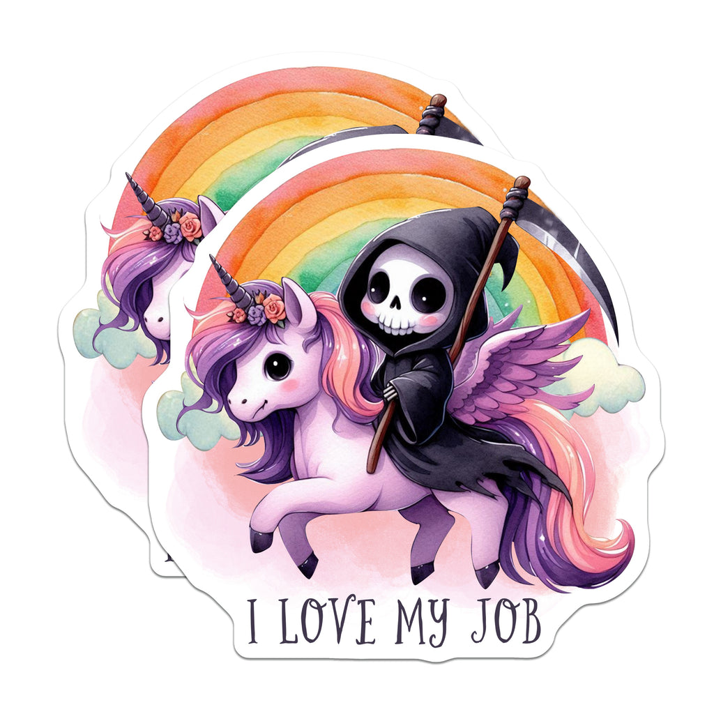 (2 Pack) Cute Grim Reaper Magnets - Unicorn Rainbow Pastel Goth Decor - Funny Work Sarcastic Quote Refrigerator Magnet - 5 Inches On Longest Side - Thick Durable Magnet - Made in USA - MAG37637