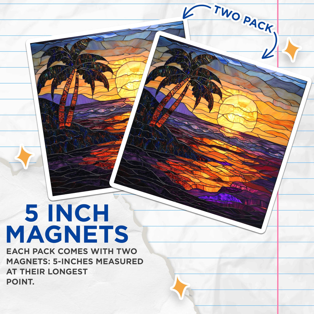 (2 Pack) Stained Glass Tropical Sunset Magnets - Palm Tree Ocean Scene - Beach Home Refrigerator Decor - 5 Inches On Longest Side - Thick Durable Magnet - Made in USA - MAG28145
