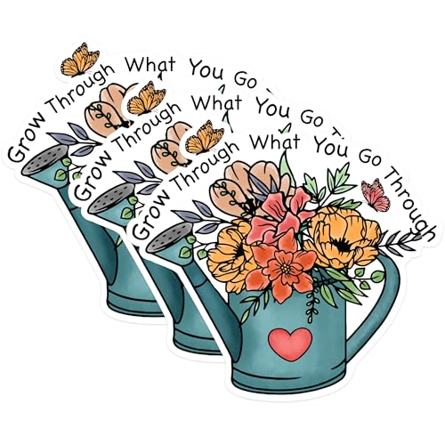 (3 Pack) Grow Through What You Go Through Decals - Flower Watering Can - Butterfly Stickers - 3 Inches On Longest Side - Easy Peel & Apply - Made in USA - 3MCS1739