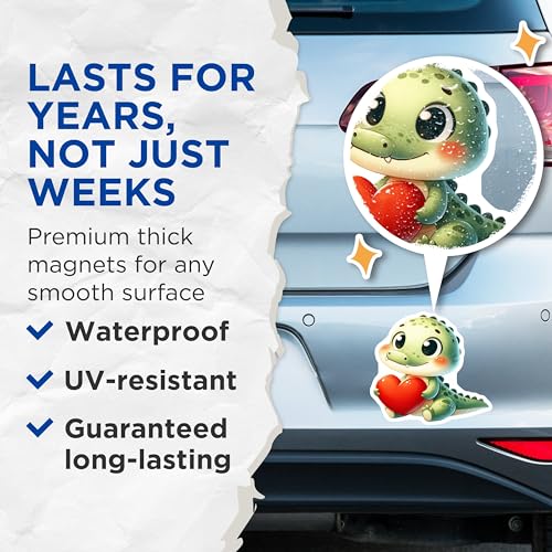 (2 Pack) Cute Dino Heart Magnets - Cartoon Dinosaur - Adorable Fridge ation - 5" On Longest Side - for Cars, Fridges, Toolboxes - Made in USA - MAG3653