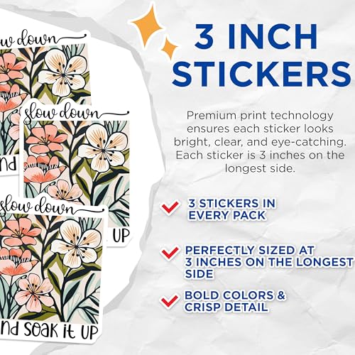 (3 Pack) Floral Quote Decals - Slow Down Soak Up - Boho Plant Laptop Decal - 3 Inches On Longest Side - Easy Peel & Apply - Made in USA - 3MCS2634