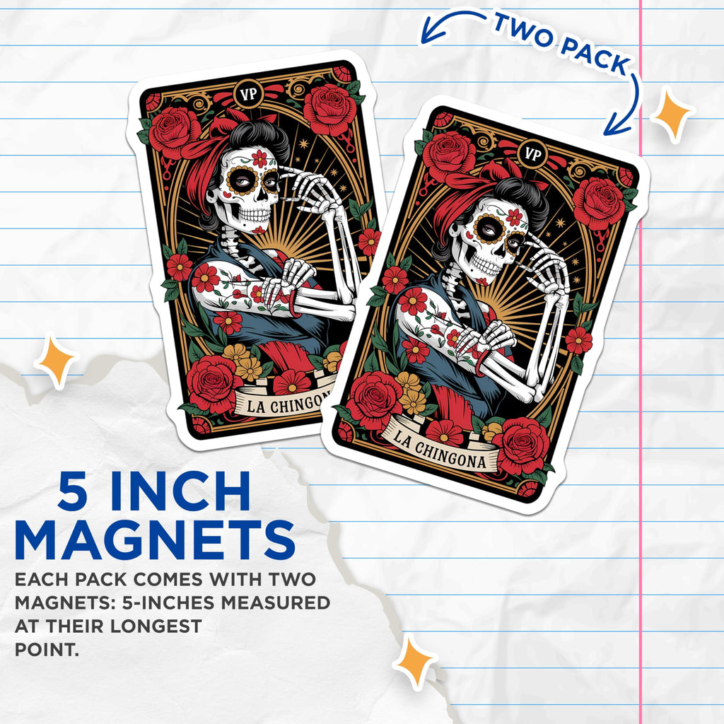 (2 Pack) La Chingona Magnets - Strong Woman Sugar Skull Catrina Art - Day of the Dead Folk Decor - Mexican Culture Kitchen - 5 Inches On Longest Side - Thick Durable Magnet - Made in USA - MAG20847