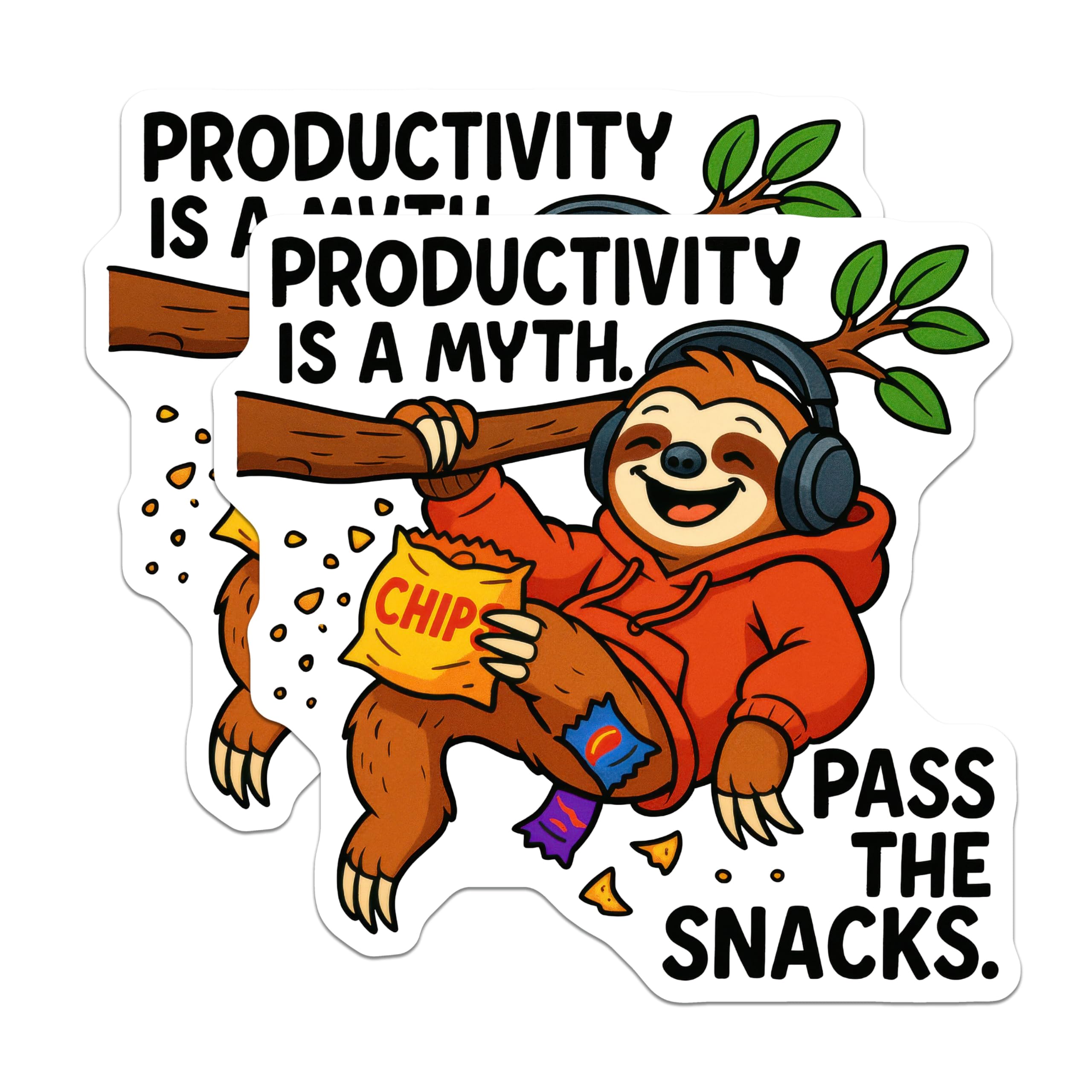 (2 Pack) Amusing Sloth Character Magnets - Productivity is A Myth Pass The Snacks Humor - Chill Animal Fridge Decor - 5 Inches On Longest Side - Thick Durable Magnet - Made in USA - MAG21794