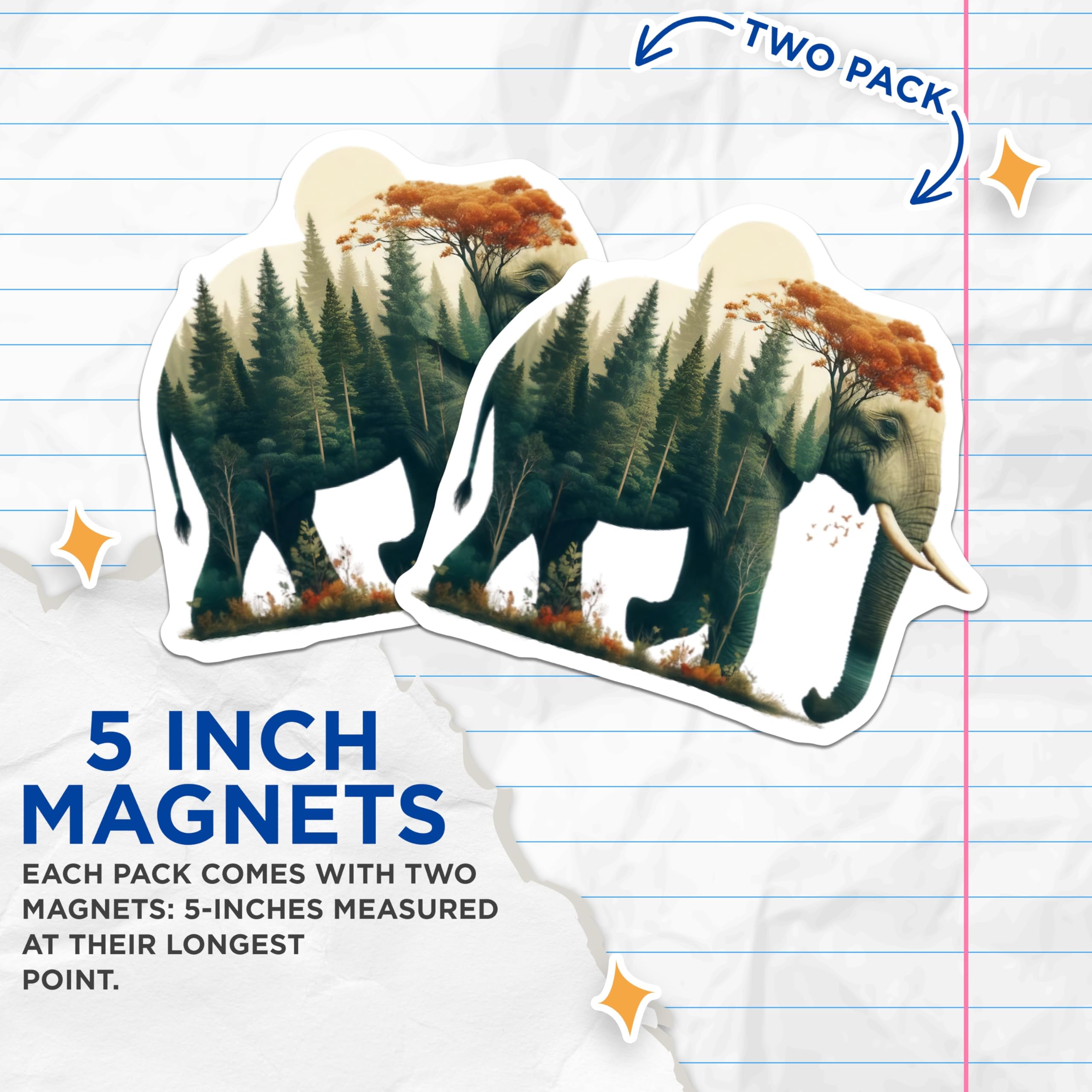 (2 Pack) Elephant Forest Magnets - Unique Animal Art - Nature Inspired Fridge Decor - 5" On Longest Side - Premium Magnet - for Cars, Refrigerators, Toolboxes, Lockers - Made in USA - MAG14728