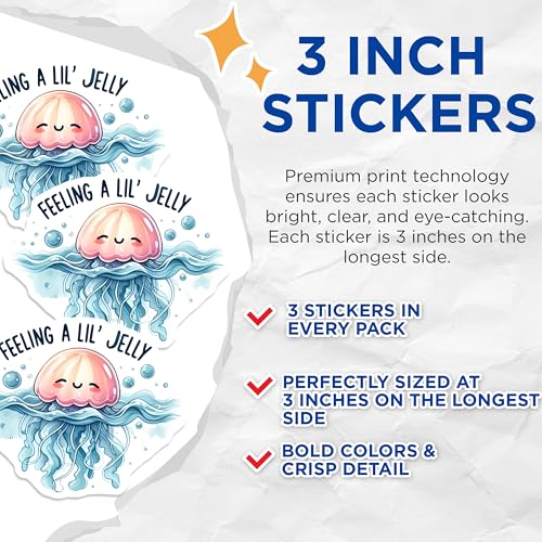 (3 Pack) Jellyfish Decals - Feeling Jelly Stickers - Cute Cartoon Decals - 3 Inches On Longest Side - Easy Peel & Apply - Made in USA - 3MCS8050
