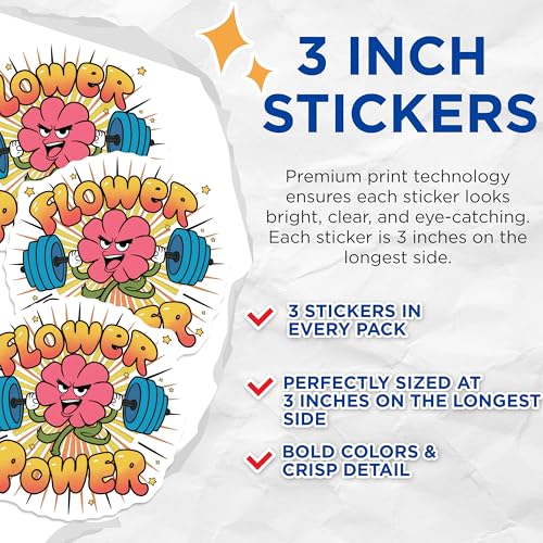 (3 Pack) Flower Power Decals - Weightlifting Flower - Gym Decals - 3 Inches On Longest Side - Easy Peel & Apply - Made in USA - 3MCS4614