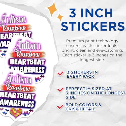 (3 Pack) Autism Awareness Decals - Puzzle Heartbeat Rainbow - Laptop Decal- 3 Inches On Longest Side - Easy Peel & Apply - Made in USA - 3MCS5345
