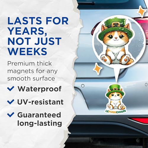 (2 Pack) Cute Cat Magnets - Funny Leprechaun Cat - St Patrick's Day Decor - 5" On Longest Side - for Cars, Fridges, Toolboxes - Made in USA - MAG8113