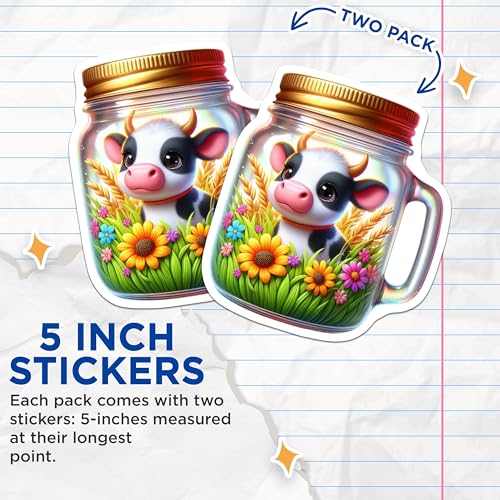 (2 Pack) Cute Cow Stickers - Animal Lovers - Colorful Farm Decor - 5" On Longest Side - Sticks to Smooth Flat Surfaces - Made in USA - BMCS9386
