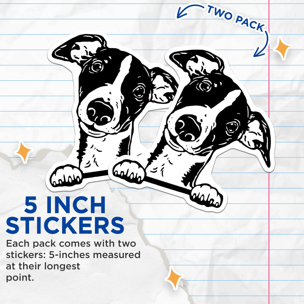 (2 Pack) Cute Dog Stickers - Puppy Stickers - Black and White Dog Stickers - 5" On Longest Side - Sticks to Smooth Flat Surfaces - Made in USA - BMCS4042