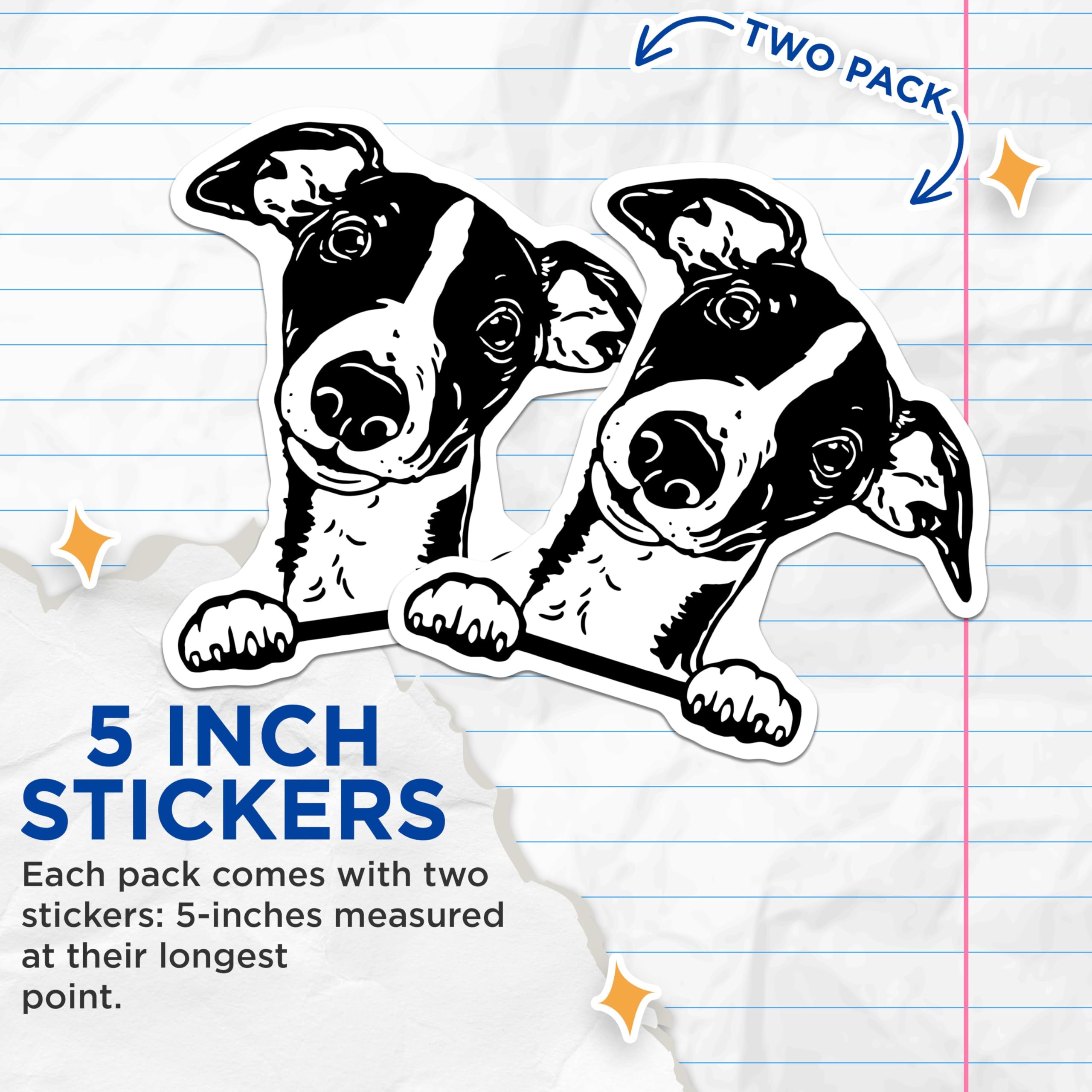 (2 Pack) Cute Dog Stickers - Puppy Stickers - Black and White Dog Stickers - 5" On Longest Side - Sticks to Smooth Flat Surfaces - Made in USA - BMCS4042