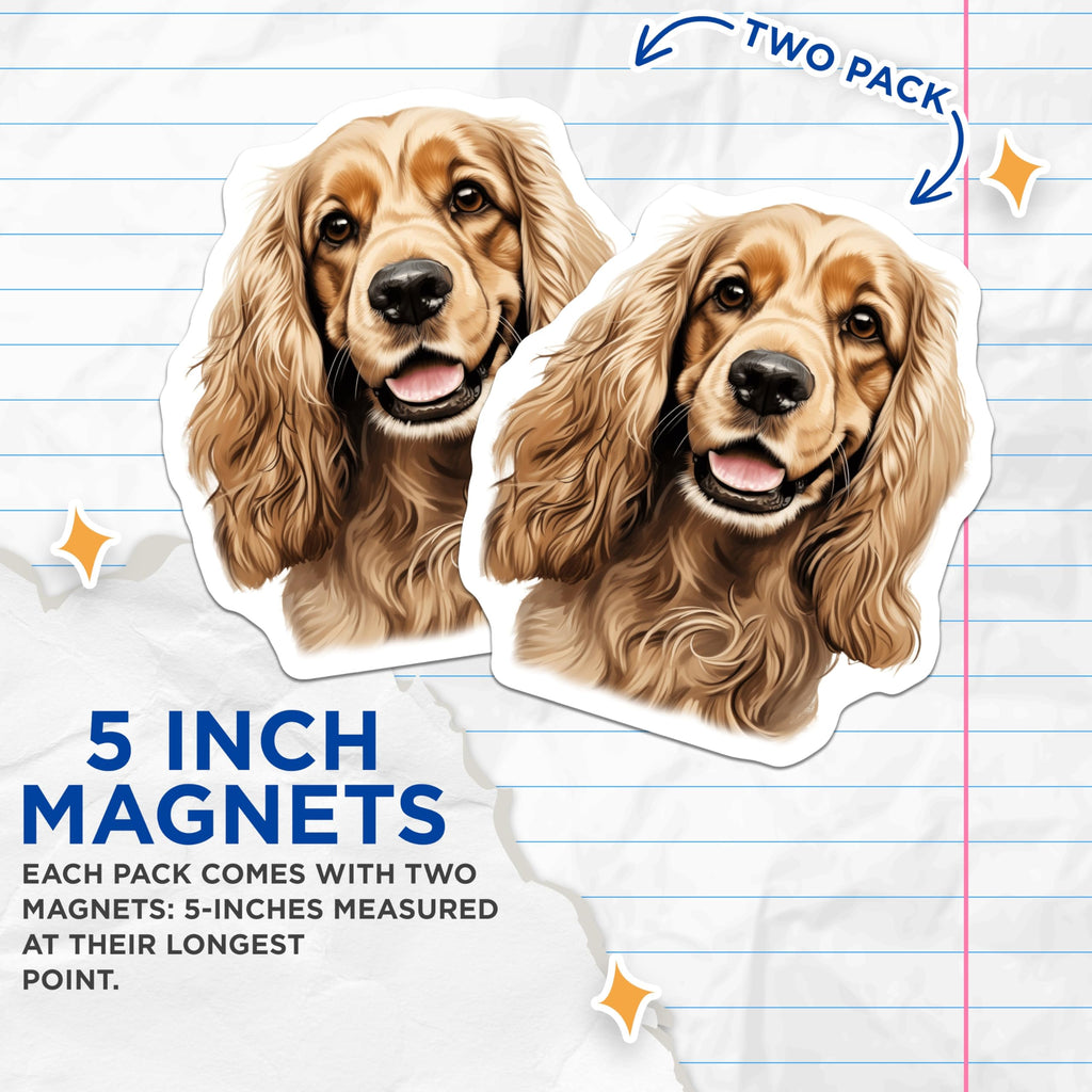 (2 Pack) Cocker Spaniel Dog Magnets - Adorable Puppy Pet Artwork - Refrigerator Locker Decor - 5 Inches On Longest Side - Thick Durable Magnet - Made in USA - MAG24661