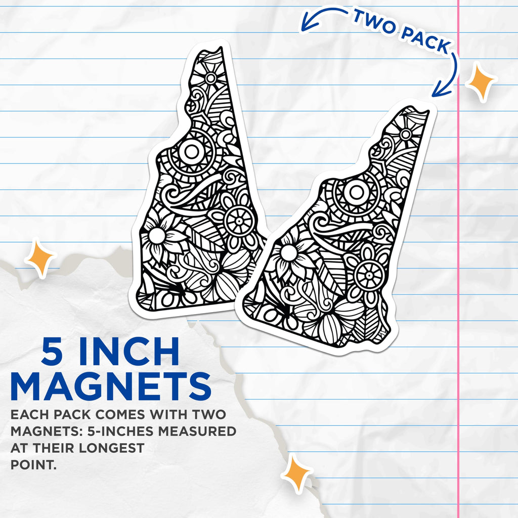 (2 Pack) New Hampshire State Magnets - Floral Mandala Art - State Outline Decor - 5 Inches On Longest Side - Thick Durable Magnet - Made in USA - MAG19187