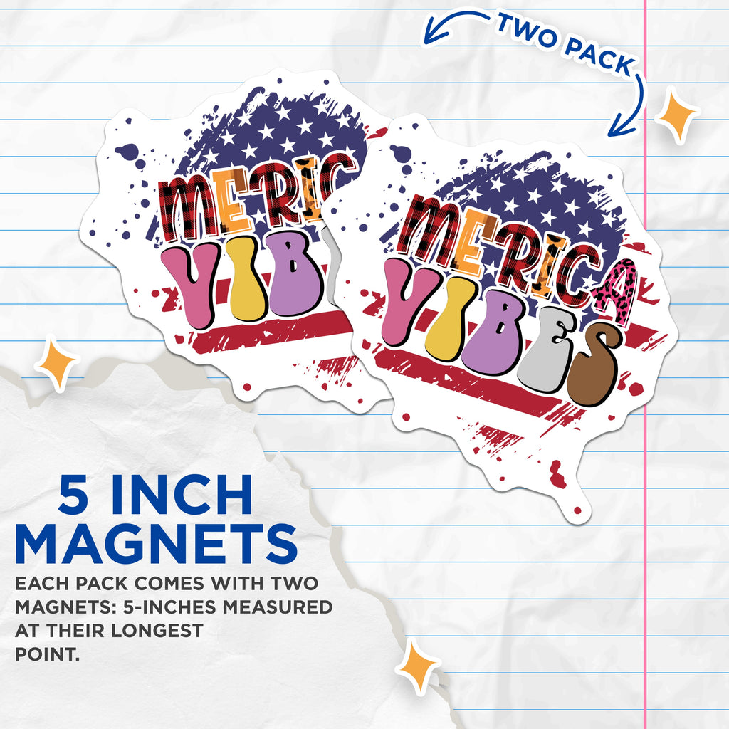 (2 Pack) Merica Vibes Magnets - Distressed American Flag Art - Patriotic USA Decor for Fridge - Fourth of July Decoration - 5 Inches On Longest Side - Thick Durable Magnet - Made in USA - MAG36214