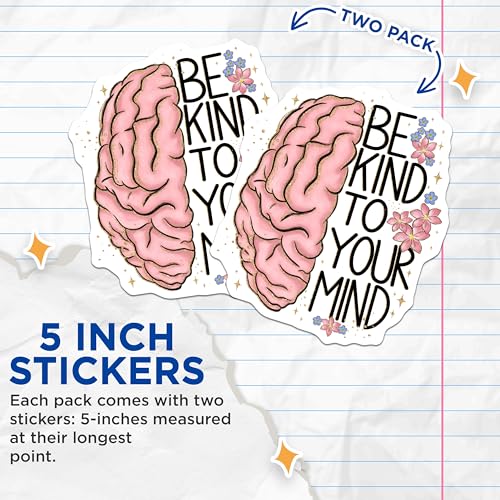 (2 Pack) Be Kind to Your Mind Stickers - Motivational Quote - Mental Health Awareness - 5" On Longest Side - Sticks to Smooth Flat Surfaces - Made in USA - BMCS4165