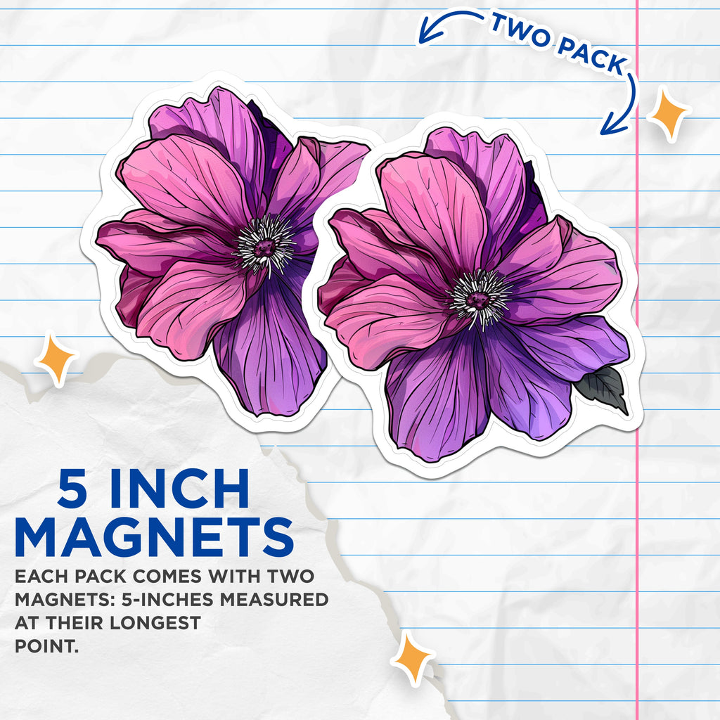 (2 Pack) Purple Flower Magnets - Botanical Art Pink Floral Decor - Vibrant Bloom Aesthetic - 5 Inches On Longest Side - Thick Durable Magnet - Made in USA - MAG38737