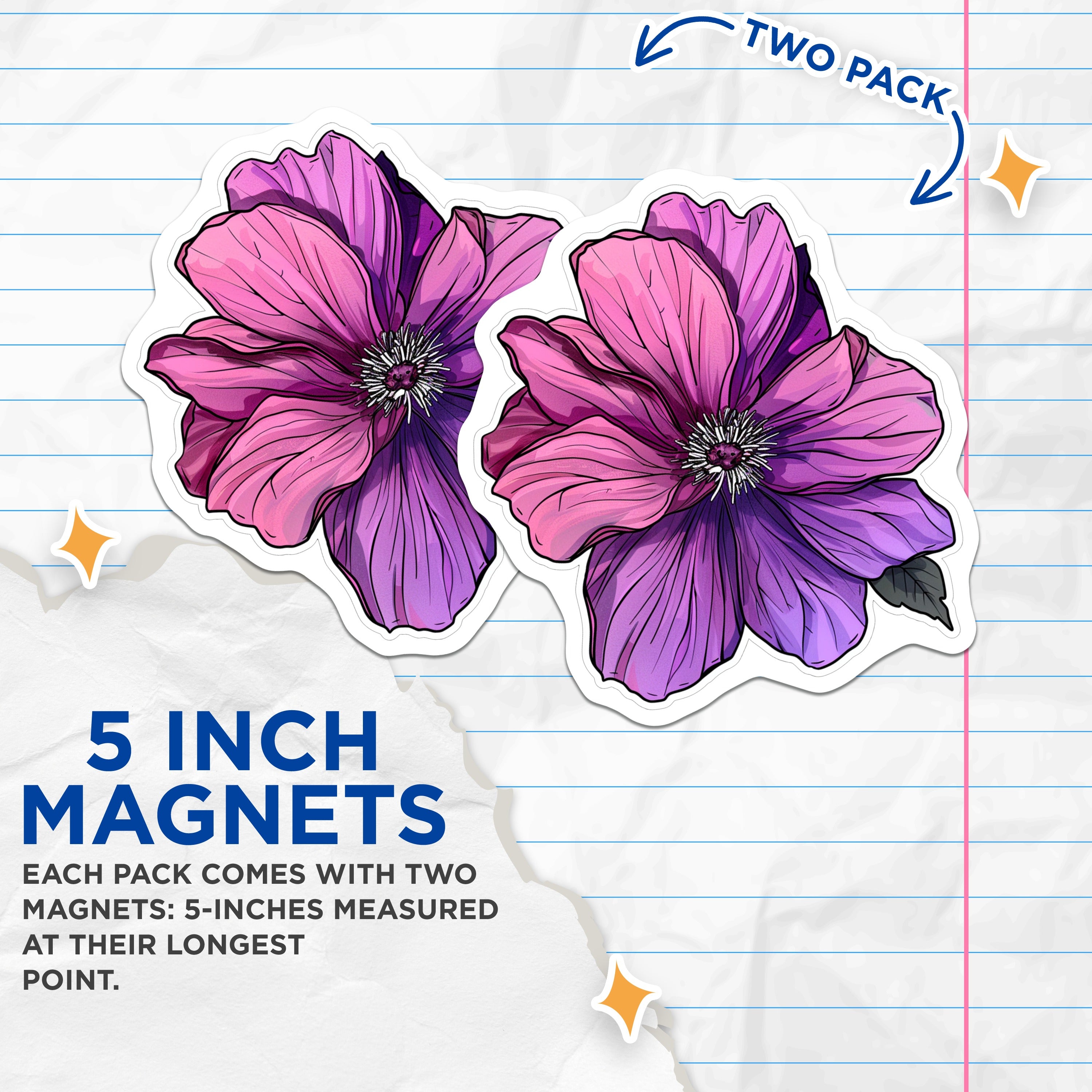 (2 Pack) Purple Flower Magnets - Botanical Art Pink Floral Decor - Vibrant Bloom Aesthetic - 5 Inches On Longest Side - Thick Durable Magnet - Made in USA - MAG38737