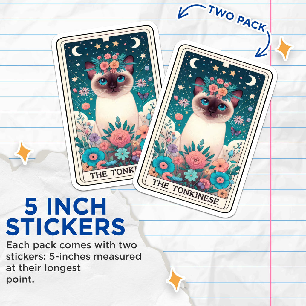 (2 Pack) Cat Tarot Stickers - Whimsical Cat Stickers - Floral Cat Decoration Stickers - 5" On Longest Side - Sticks to Smooth Flat Surfaces - Made in USA - BMCS5523