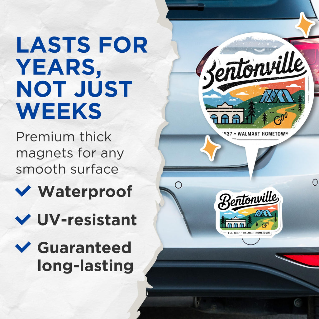 (2 Pack) Bentonville Arkansas Magnets - Northwest Arkansas Decor - Fridge Magnets - 5" On Longest Side - Premium Magnet - for Cars, Refrigerators, Toolboxes, Lockers - Made in USA - MAG17615