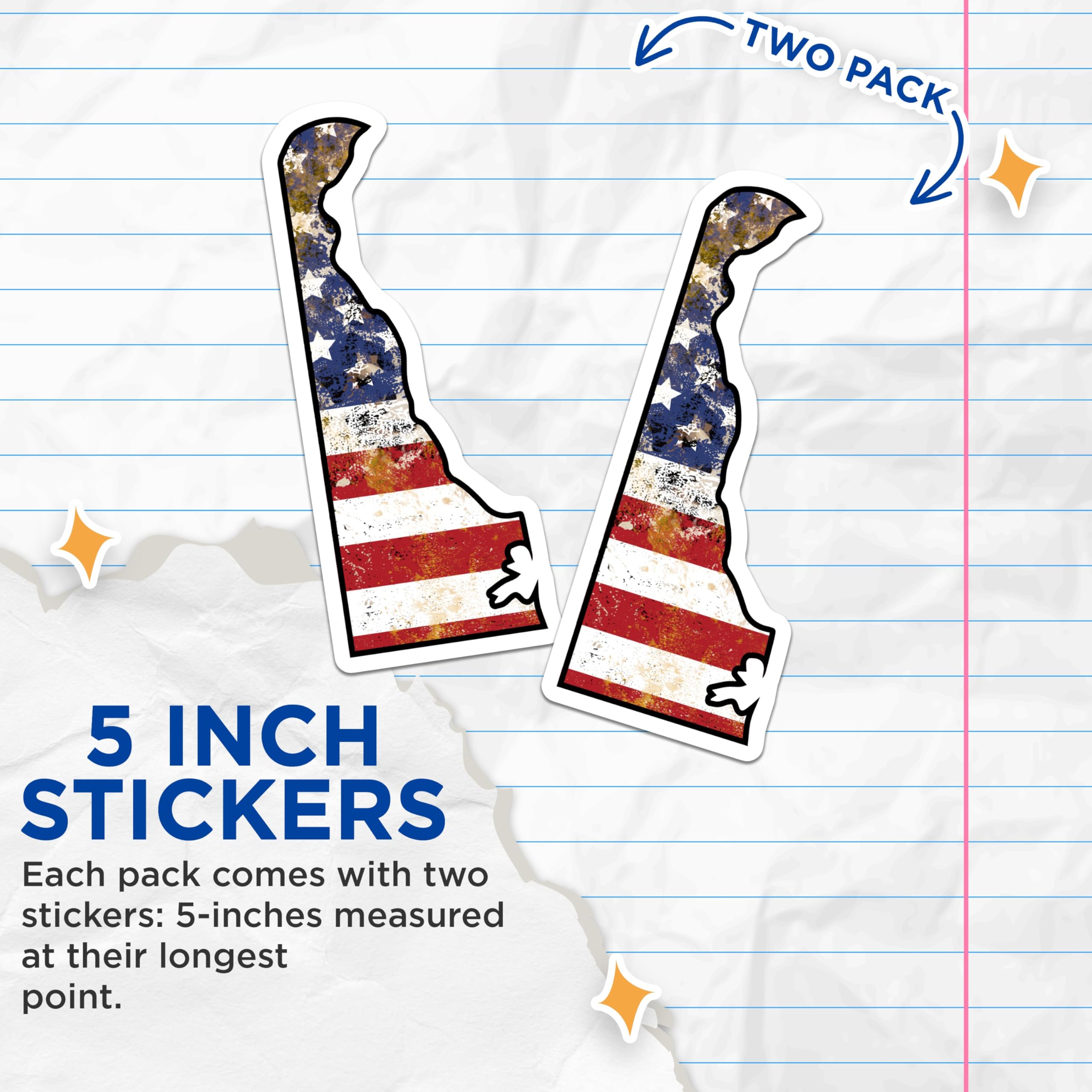 (2 Pack) Delaware State Stickers - American Flag - Delaware Outline - 5" On Longest Side - Sticks to Smooth Flat Surfaces - Made in USA - BMCS18659