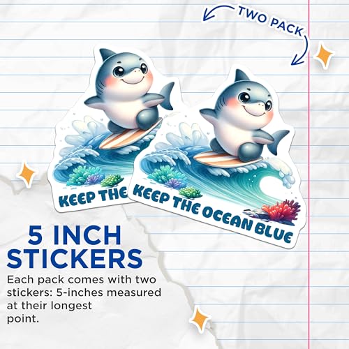(2 Pack) Cute Shark Stickers - Keep The Ocean Blue - Ocean Conservation Awareness - 5" On Longest Side - Sticks to Smooth Flat Surfaces - Made in USA - BMCS7959
