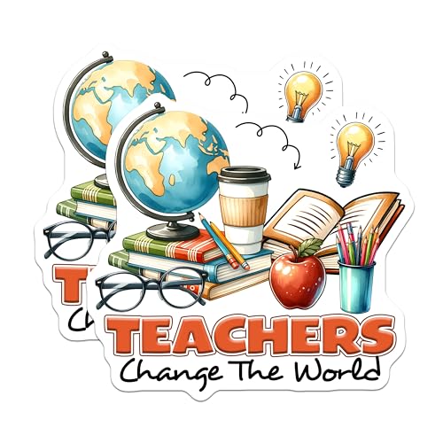 (2 Pack) Teachers Change The World Stickers - Teacher Appreciation - Motivational for Educators - 5" On Longest Side - Sticks to Smooth Flat Surfaces - Made in USA - BMCS8038
