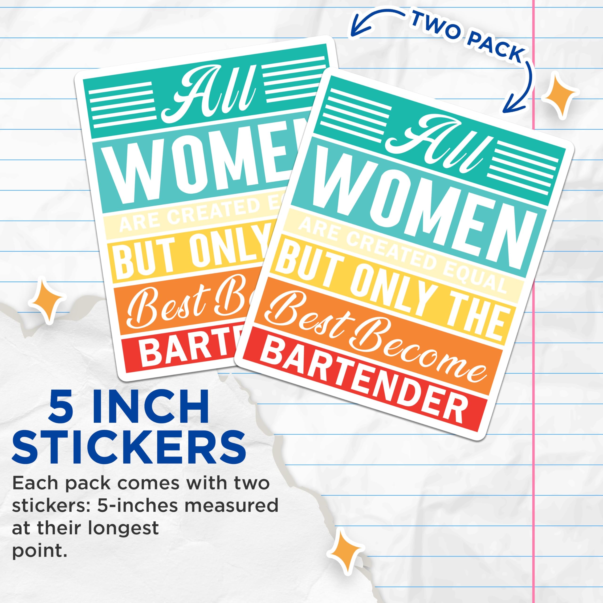 (2 Pack) Female Bartender Career Stickers - All Women Equal Bartending Humor - Bar Professional Empowerment Decal - 5" On Longest Side - Sticks to Smooth Flat Surfaces - Made in USA - BMCS21191