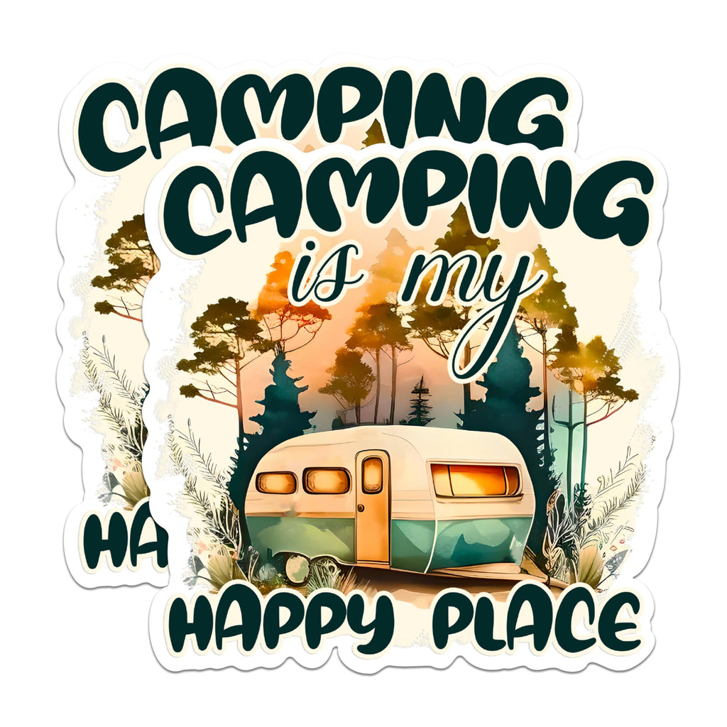 (2 Pack) Camping is My Happy Place Magnets - Camper Trailer Magnets - Outdoor Adventure Magnets- 5" On Longest Side - for Fridges, Toolboxes, Cars - Made in USA - MAG2888