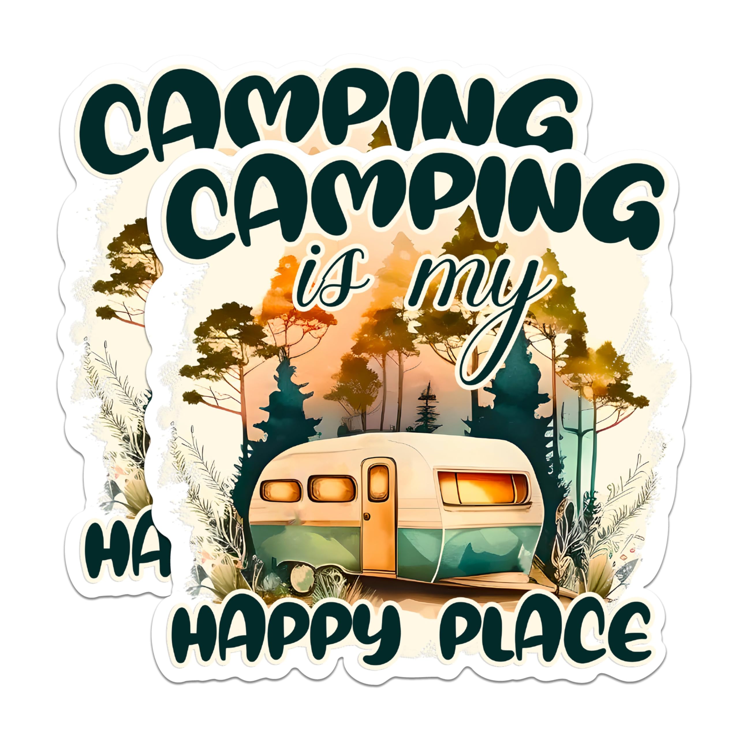 (2 Pack) Camping is My Happy Place Magnets - Camper Trailer Magnets - Outdoor Adventure Magnets- 5" On Longest Side - for Fridges, Toolboxes, Cars - Made in USA - MAG2888