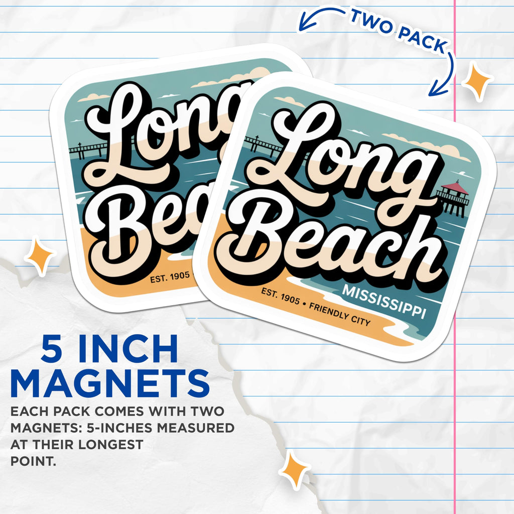 (2 Pack) Long Beach Mississippi Magnets - Retro Travel Souvenir - Fridge Decor - 5" On Longest Side - Premium Magnet - for Cars, Refrigerators, Toolboxes, Lockers - Made in USA - MAG18266