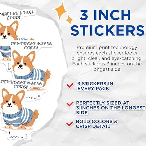 (3 Pack) Corgi Decals - Pembroke Welsh Corgi - Corgi Dog Breed - 3 Inches On Longest Side - Easy Peel & Apply - Made in USA - 3MCS6070
