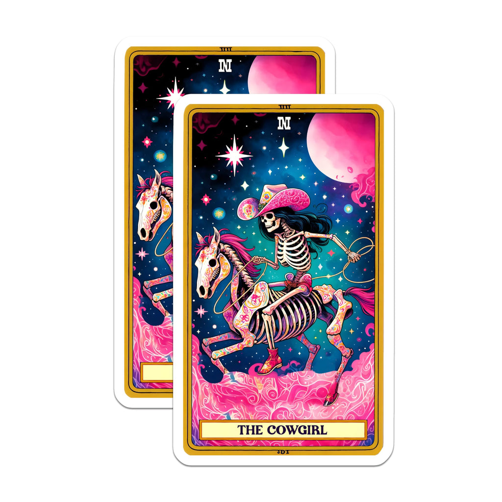 (2 Pack) Western Skeleton Cowgirl Magnets - Day of the Dead Horse Art - Cosmic Tarot Card Decor - 5 Inches On Longest Side - Thick Durable Magnet - Made in USA - MAG22754