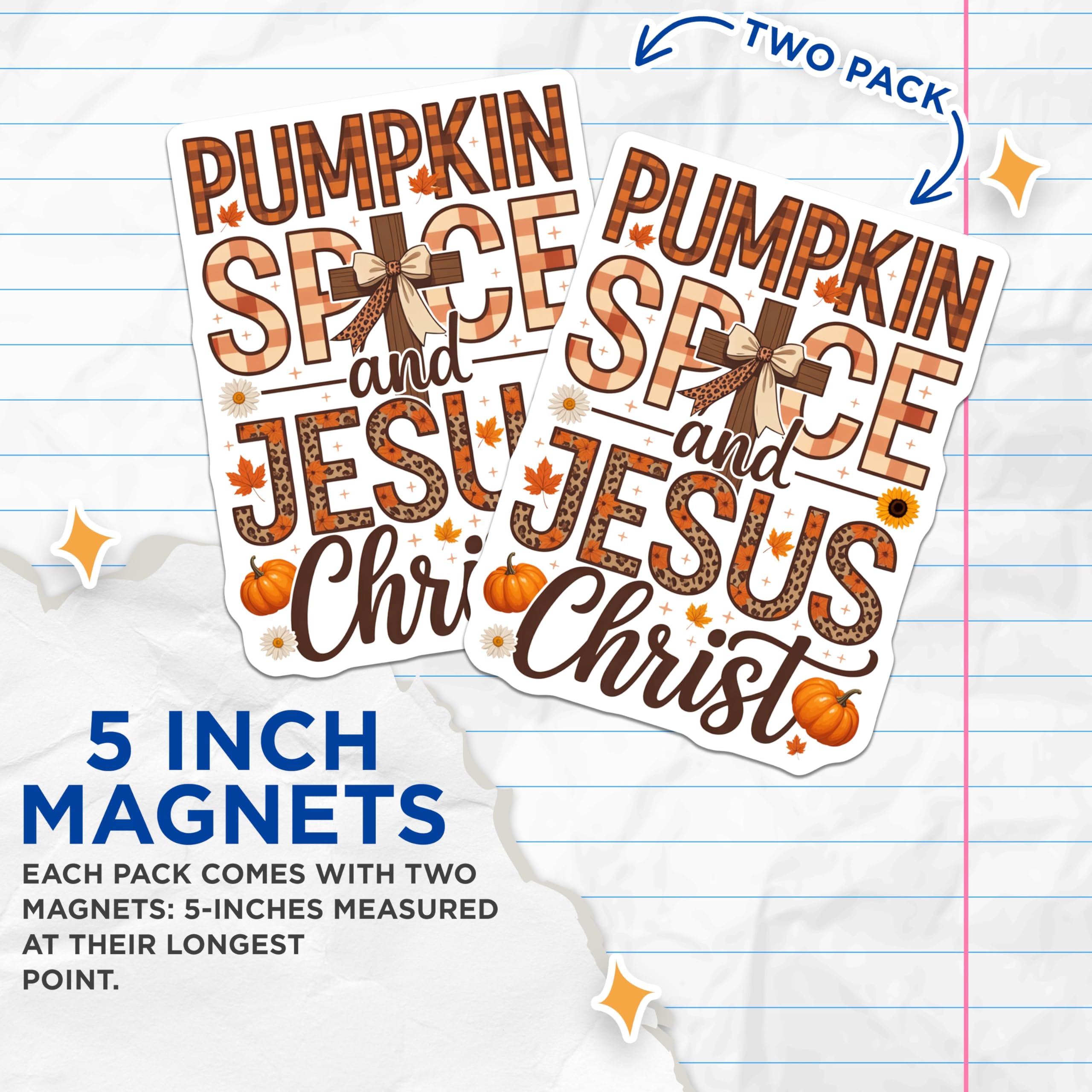 (2 Pack) Pumpkin Spice Jesus Christ Magnets - Rustic Autumn Faith Decor - Christian Farmhouse Kitchen Magnets - 5 Inches On Longest Side - Thick Durable Magnet - Made in USA - MAG30377