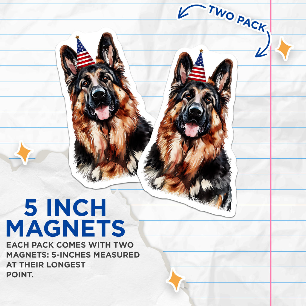 (2 Pack) German Shepherd Party Hat Magnets - Patriotic Dog Lover Decor - Fourth of July Celebration - 5 Inches On Longest Side - Thick Durable Magnet - Made in USA - MAG38775
