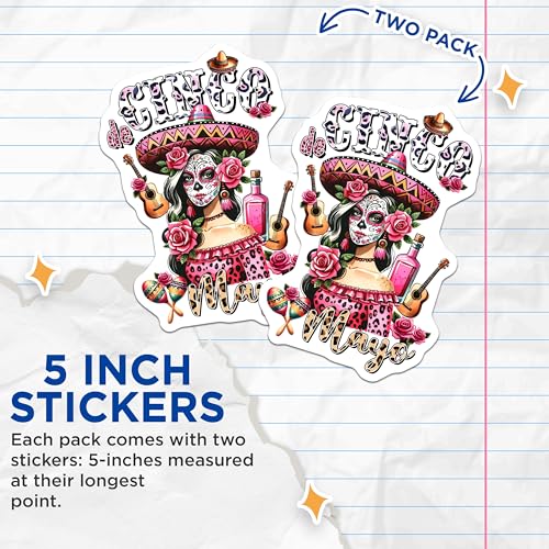 (2 Pack) Cinco de Mayo Stickers - Day of The Dead - Mexican Festival - 5" On Longest Side - Sticks to Smooth Flat Surfaces - Made in USA - BMCS9756