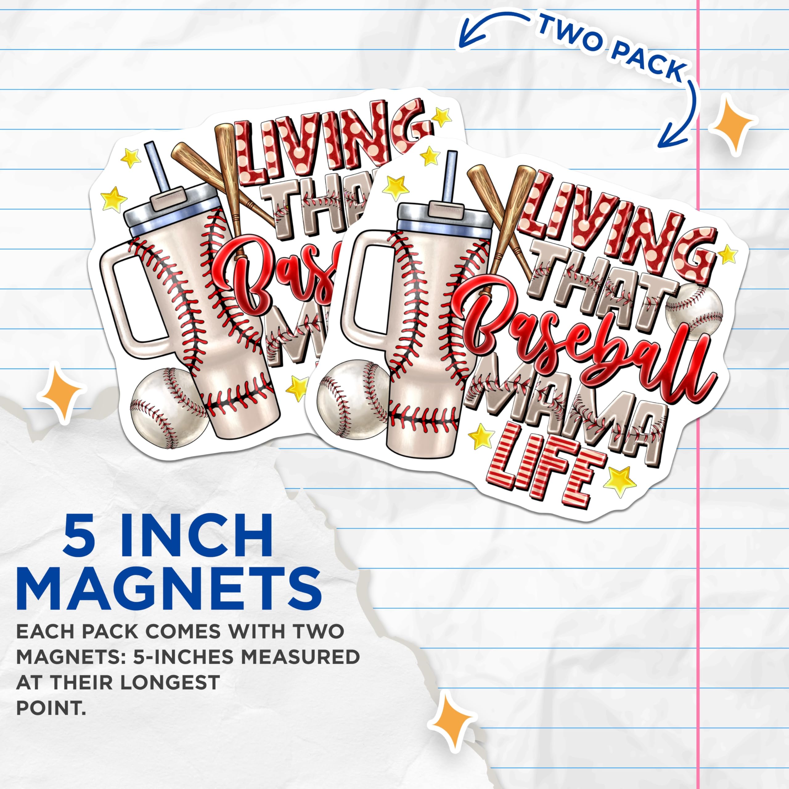 (2 Pack) Living that Baseball Mama Magnets - Sports Mom Game Day - Refrigerator Locker Decor - 5 Inches On Longest Side - Thick Durable Magnet - Made in USA - MAG24506