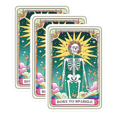 (3 Pack) Tarot Card Skeleton Decals - Born to Sparkle - Colorful Laptop Decals - 3 Inches On Longest Side - Easy Peel & Apply - Made in USA - 3MCS2705