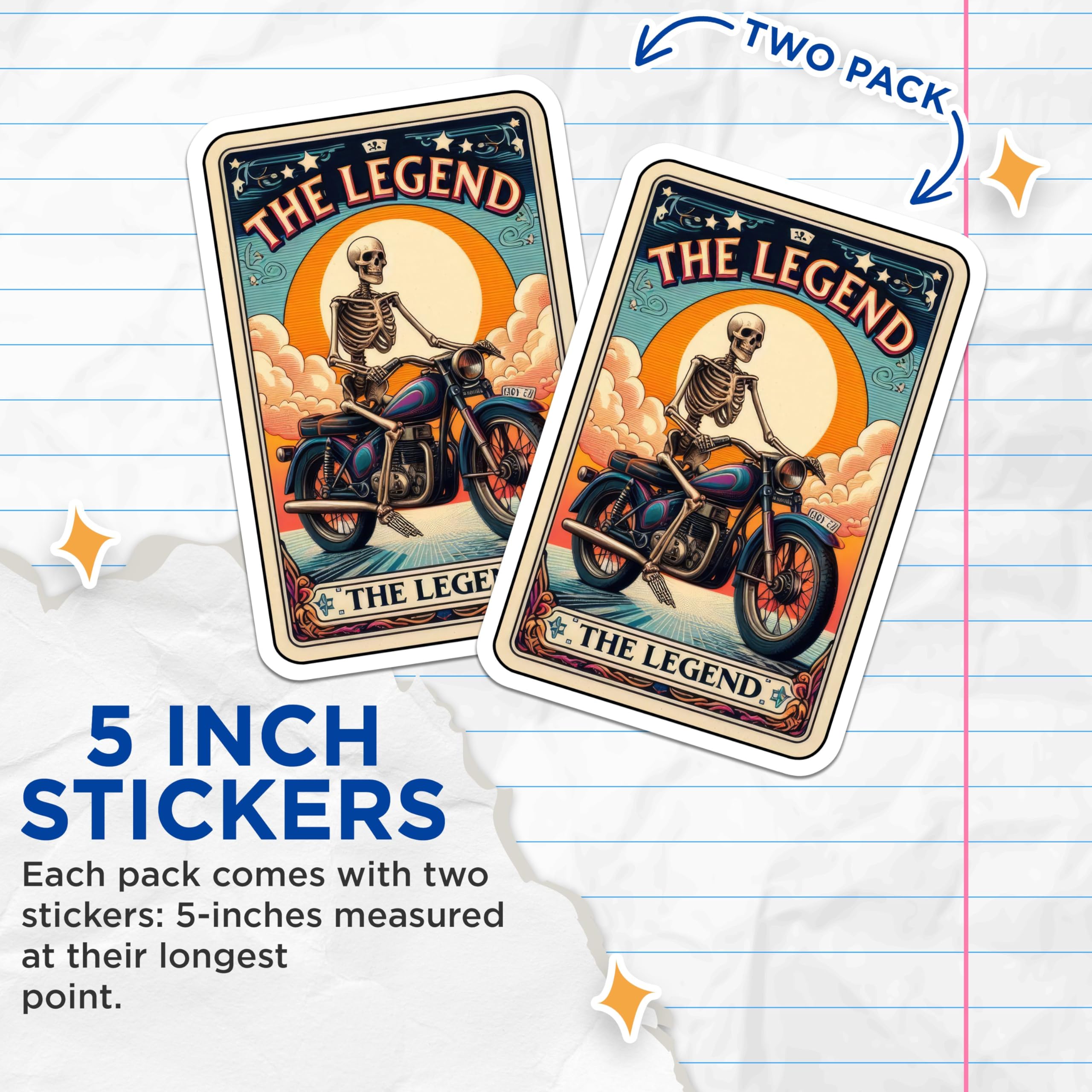 (2 Pack) The Legend Skeleton Motorcycle Stickers - Biker Stickers - Skull Art Stickers - 5" On Longest Side - Sticks to Smooth Flat Surfaces - Made in USA - BMCS5446