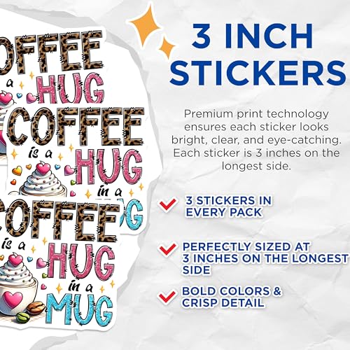 (3 Pack) Coffee Decals - Hug in a Mug Decal - Laptop Decal - 3 Inches On Longest Side - Easy Peel & Apply - Made in USA - 3MCS6295